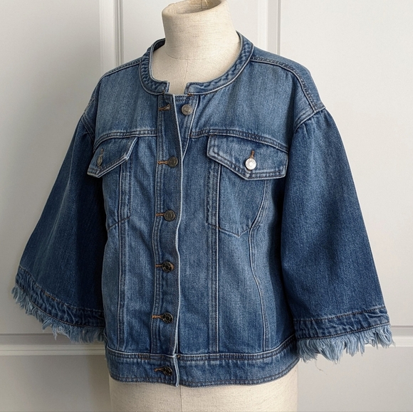 1. State Denim Jacket 3/4 Length Flared Frayed Sleeve Button Front Blue M NWT - Picture 13 of 16